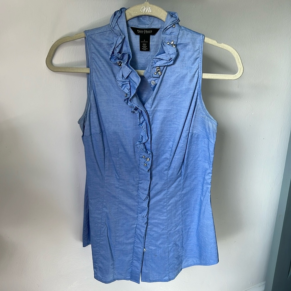 White House Black Market Embellished Ruffled Sleeveless Button Up